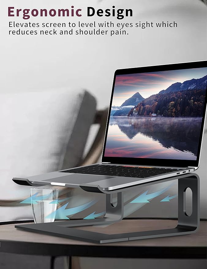 ALASHI Laptop Stand for Desk, Aluminum Computer Riser, Ergonomic Notebook Holder, Detachable Metal Laptops Elevator, PC Cooling Mount Support 10 to 15.6 Inches Notebook, Black