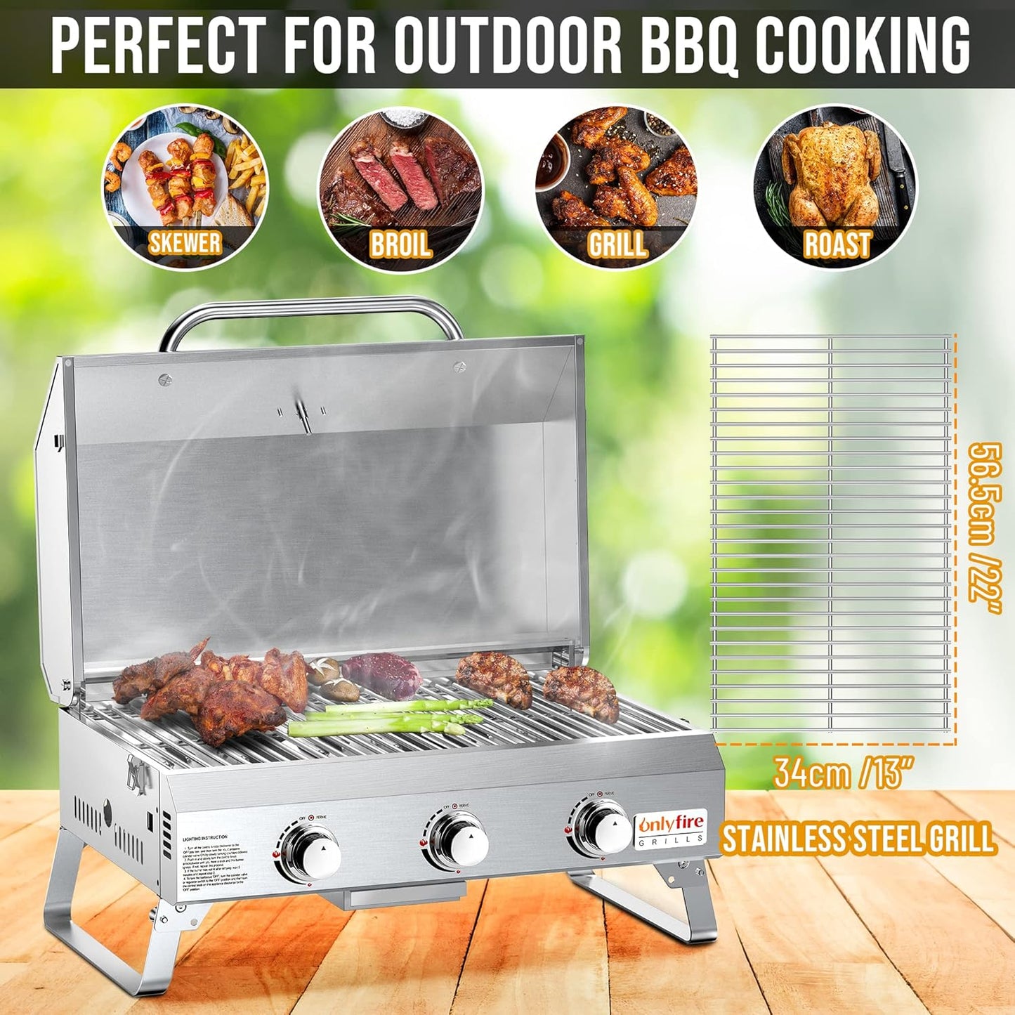 Tabletop Gas Grill 3 Burners, Stainless Steel Portable Propane Grill with Foldable Legs for Outdoor Patio Backyard Camping, Tailgating, RV Trip, Heavy Duty & 24000BTU, GS307