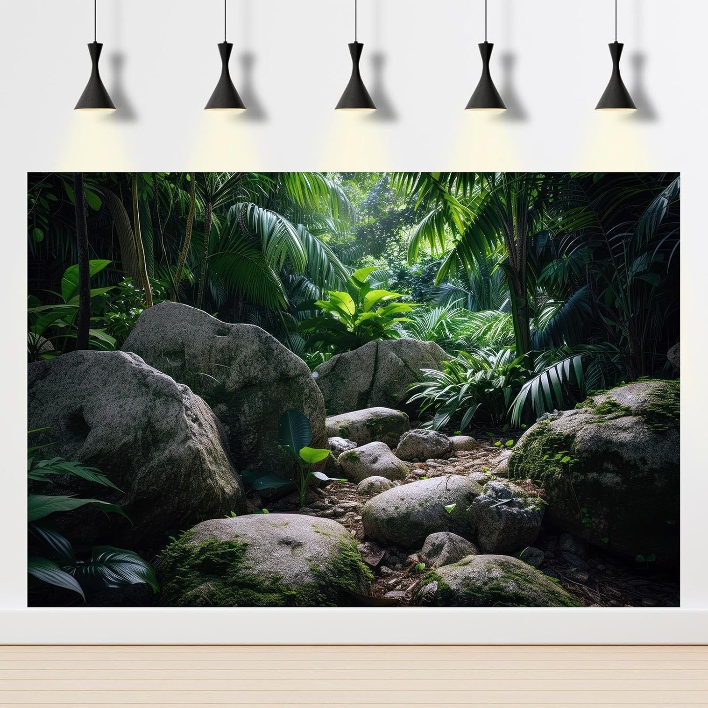 Reptile Habitat Backdrop Lush Tropical Plants and Rocks Terrarium Backdrop Dense Vegetation with Large Broad Leaves and Ferns Fish Tank Background Aquarium Wallpaper Poster Decor Vinyl 60x24in