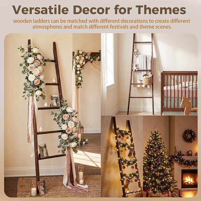 Sintuff Blanket Ladder for Living Room, 5.5ft Wooden Blanket Rack, 5-Tier Natural Leaning Tapered Ladder Shelf for Farmhouse Bedroom Living Room Bathroom Decor, Walnut Brown