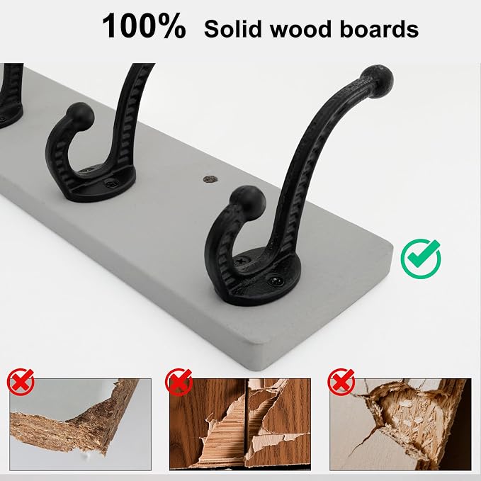 WEBI Rustic Coat Rack Wall Mount,24" Long 6 Cast Iron Coat Hooks Wall Mounted,Heavy Duty Wood Wall Coat Hanger Hooks for Hanging Coats,Jacket,Clothes,Backpack,Farmhouse,Gray,2 Packs