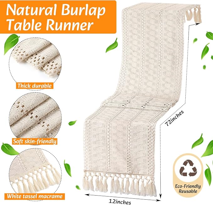 4 Sets Boho Decoration Placemats Round Woven Placemats, Cloth Napkins, Wood Bead Napkin Rings, Long Table Runner and Farmhouse Burlap Cotton for Table Kitchen (White,12x72)
