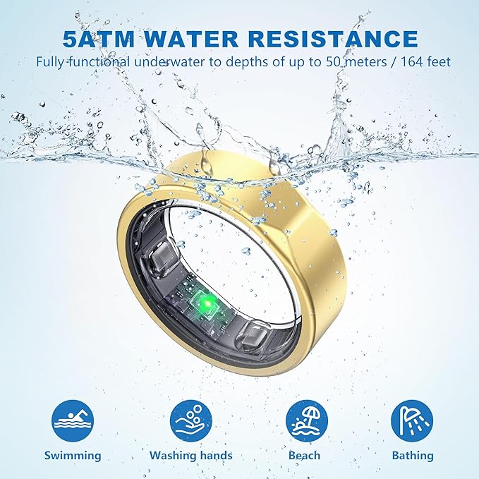 Smart Ring for Women Men, Titanium Fitness Ring with Heart Rate, Stress & Sleep Monitoring,Step & Calorie Counter, 5ATM Waterproof for iPhone and Android,No Subscription Fee (Gold 8)