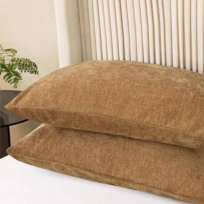 CaliTime Throw Pillow Covers Decorative 20 X 26 Inches Pack of 2 Cozy Chenille Standard Pillow Shams Cases for Couch Sofa Bed Living Room Home Apricot Brown