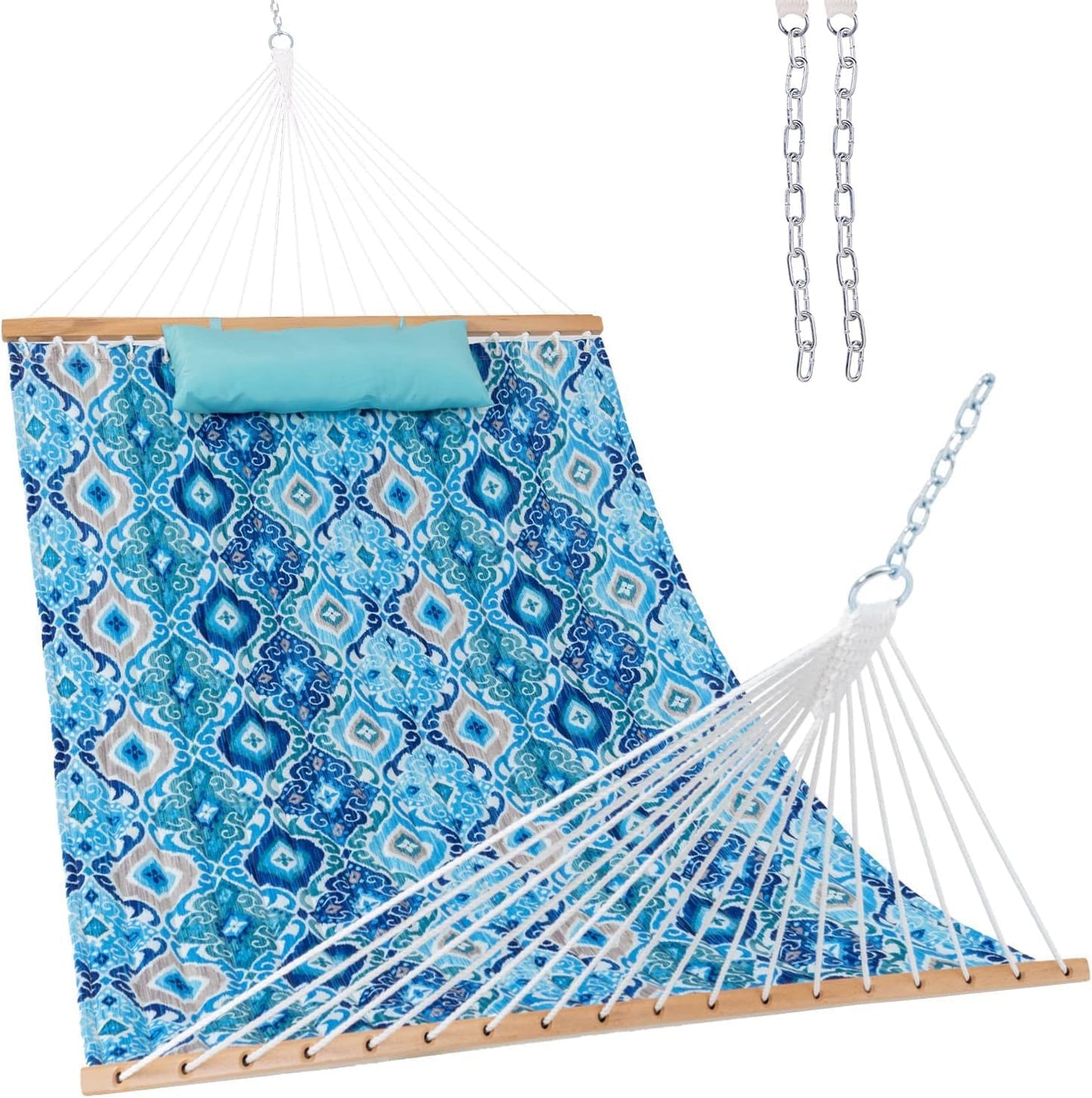 Lazy Daze Hammocks 12FT Quilted Fabric Hammock with Pillow, Double 2 Person Hammock with Spreader Bar for Outdoor Outside Patio Garden Yard Pool Beach QFH037