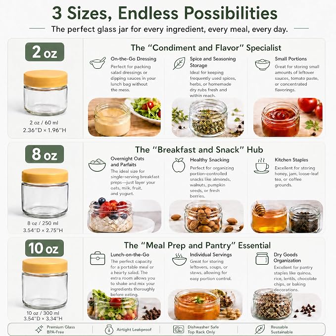 EONJOE 2 oz Glass Dressing Containers To Go Sauce Cups Mini Condiment Dip Jars with Lids Lunch Box Accessories,6-Pack