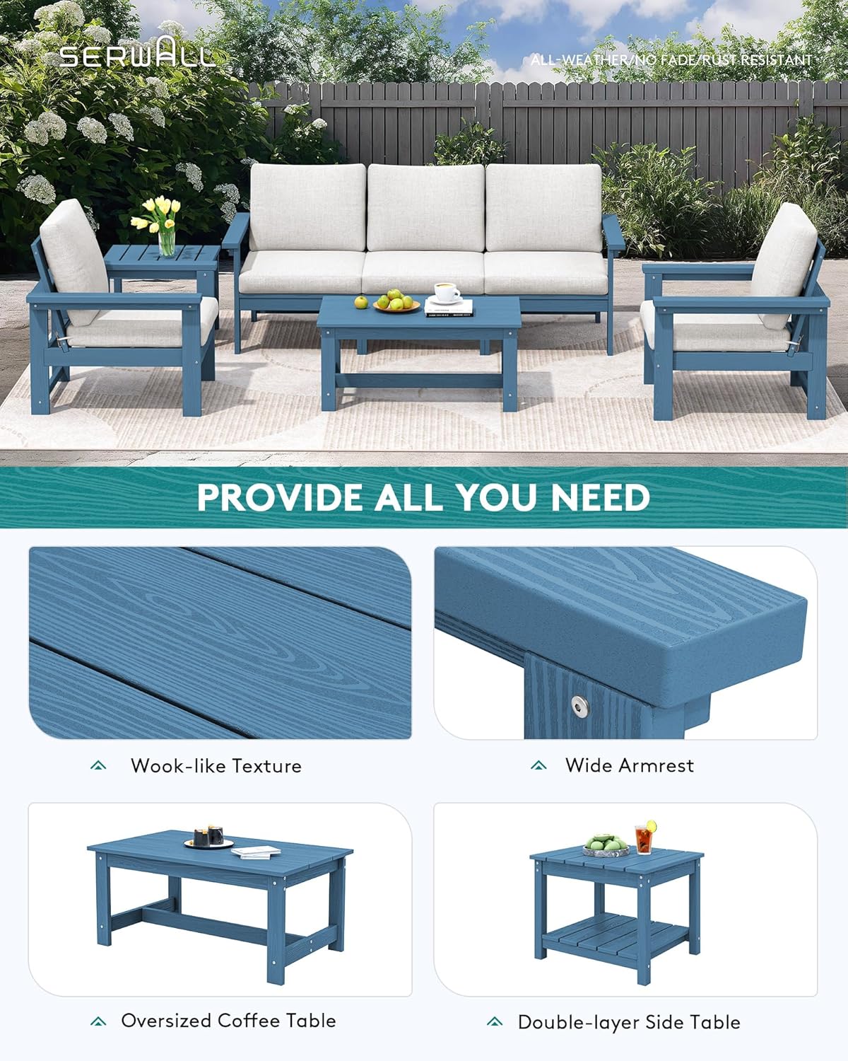 SERWALL HDPE Patio Furniture Set, 7-Piece Outdoor Sectional Sofa Set, All Weather Outdoor Couch Set for Deck, Lawn, Blue Frame with Grey Cushion