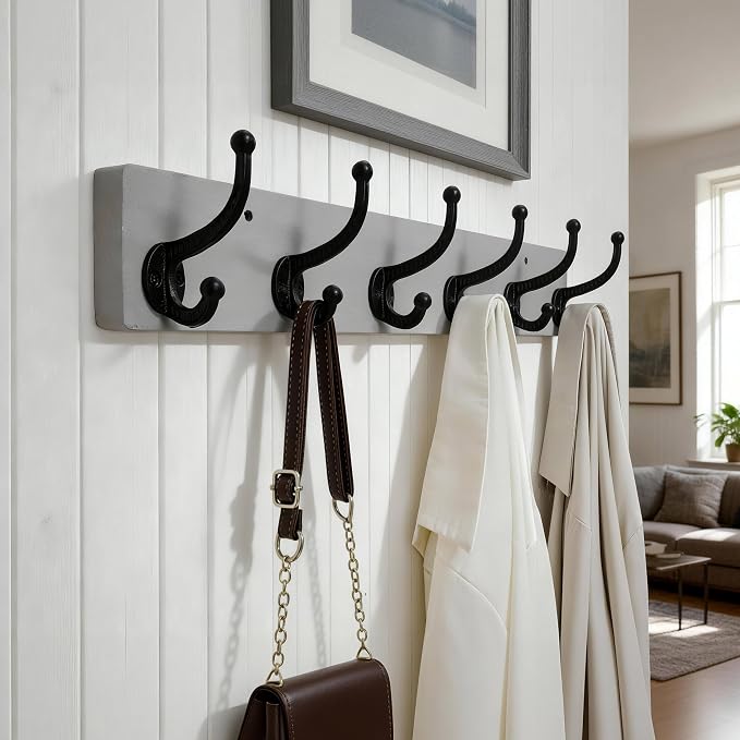WEBI Rustic Coat Rack Wall Mount,24" Long 6 Cast Iron Coat Hooks Wall Mounted,Heavy Duty Wood Wall Coat Hanger Hooks for Hanging Coats,Jacket,Clothes,Backpack,Farmhouse,Gray