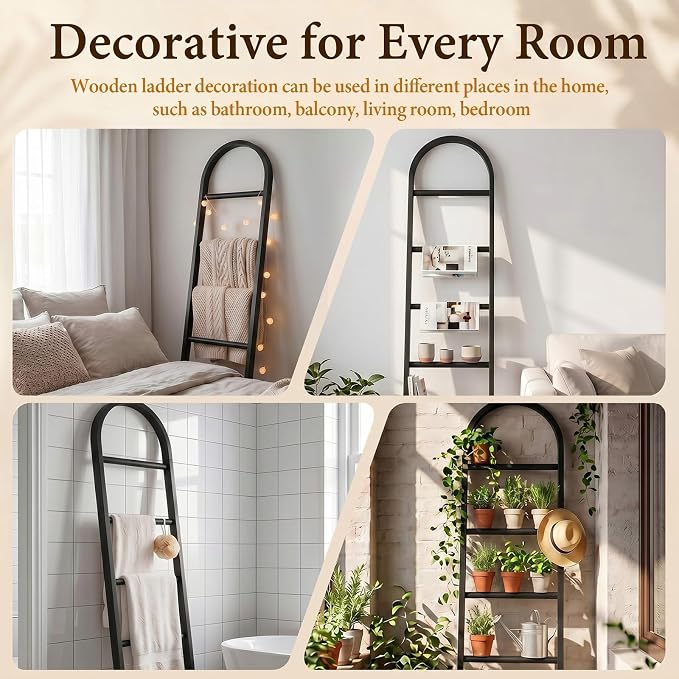 Sintuff Arched Blanket Ladder for Living Room, 5.5ft Wooden Blanket Rack, 5-Tier Natural Leaning Ladder Shelf for Farmhouse Bedroom Living Room Bathroom Decor (Arch,Balck)