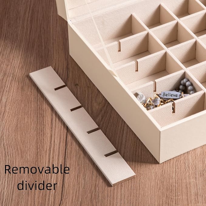 Frebeauty Earring Organizer Classic Jewelry Box 50 Slots Double Layer Jewelry Storage Case with 6 Necklace Hook and Bracelet Pocket(Beige)