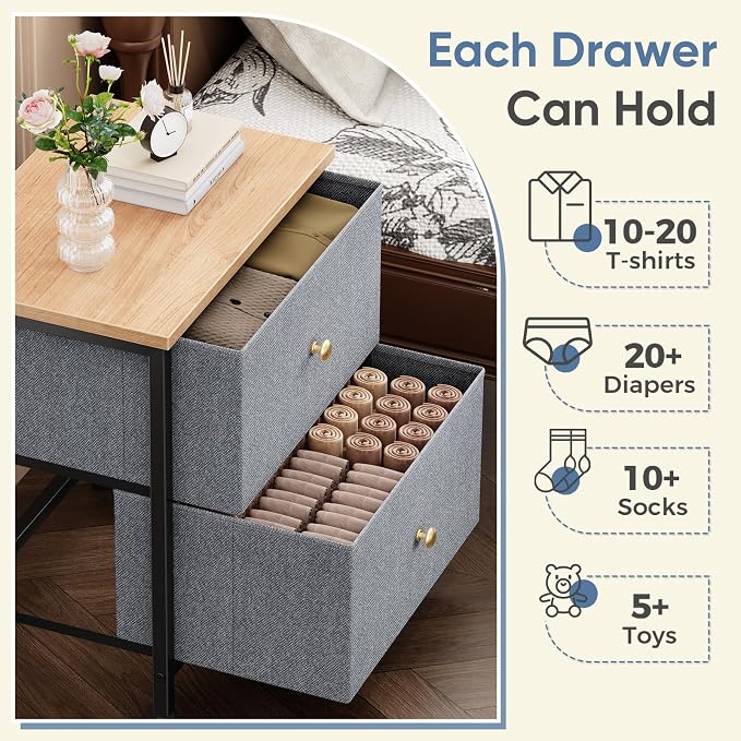 DUMOS Nightstand Small Dresser with 2 Fabric Drawers Side Tables Bedroom End Table Kids Bedside Storage Furniture for 20 inch Tall Night Stand for Closet, Entryway, College Dorm, Blue 2Pack