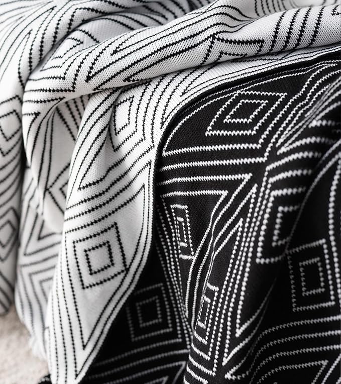 Black and White Throw Blankets, Knitted Modern Patterned Throw Blanket, Soft Lightweight Woven Throw Blanket for Sofa Couch Bed and Living Room, Black&White (50x60 Inch)