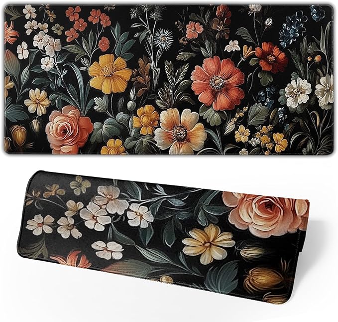 Floral Mouse Mat Vintage Aesthetic Flower Plant Black Extended Mouse Pad Large Gaming Mousepad Wildflower Mousepad Laptop Computer Keyboard Mat Cute Desk Mat for Desktop Office Supplies 35.4"x15.7"