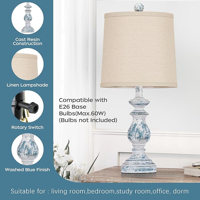 PARTPHONER Traditional Table Lamp Set of 2, Rustic Farmhouse Table Lamps for Living Room Bedroom, 22" Bedside Desk Lamps Vintage Nightstand Lamps with Linen Shades, Washed Blue