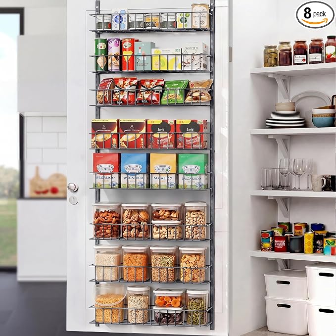 ElegantArray 8-Tier Pantry Door Oragnizer, Over The Door Pantry Organizer Rack and Storage, Hanging Spice Rack Shelves Door, Home Office Laundry Room Bathroom & Kitchen Organization, Deep Gray