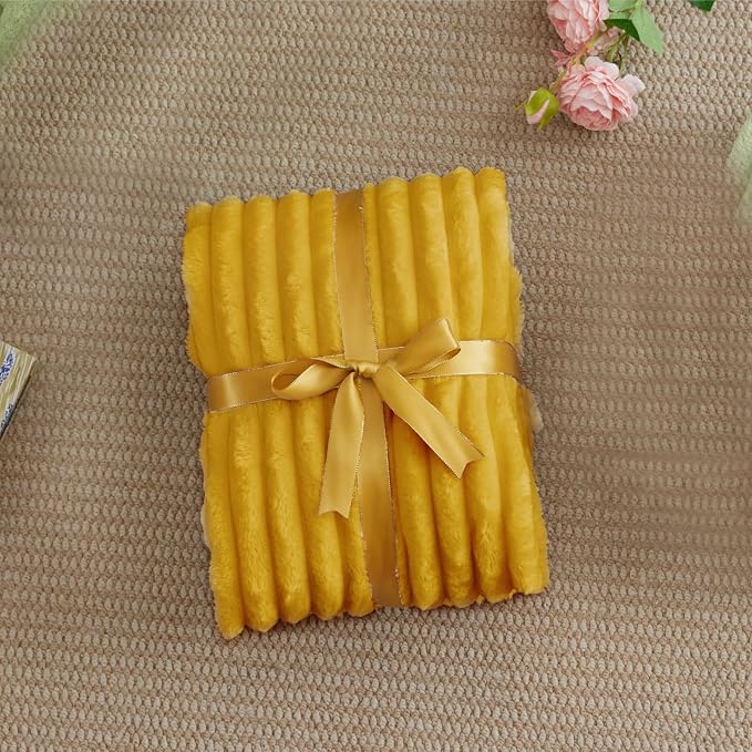BEDELITE Fleece Throw Blanket for Couch - 300GSM Soft & Warm Fluffy Mustard Yellow Blanket, Decorative and Giftable Striped Blankets for Women, Men, 50"x60"