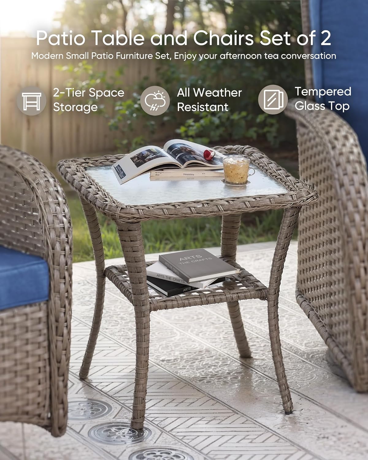 HUMMUH Wicker Patio Furniture Set-All Weather Rattan Patio Sofa Set with Swivel Rocker Chairs Outdoor Conversation Set for Deck Lawn Porch Balcony Poolside-Grey/Blue
