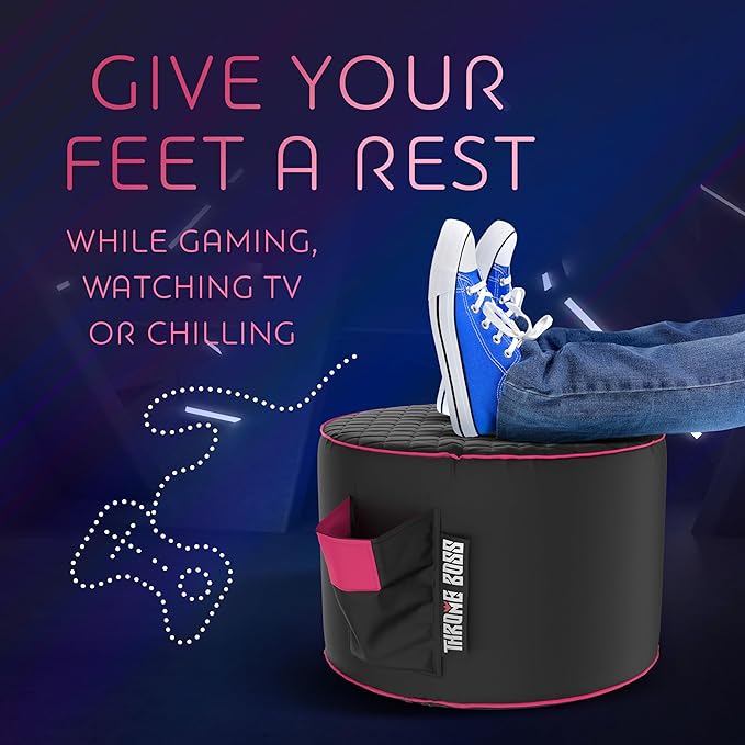 Throne Boss Gaming Footstool - Cover ONLY No Filling - Matching Bean Bag Chair Pouf/Ottoman - Round Gamer Foot Stool Footrest with Drink Holder (Pink)