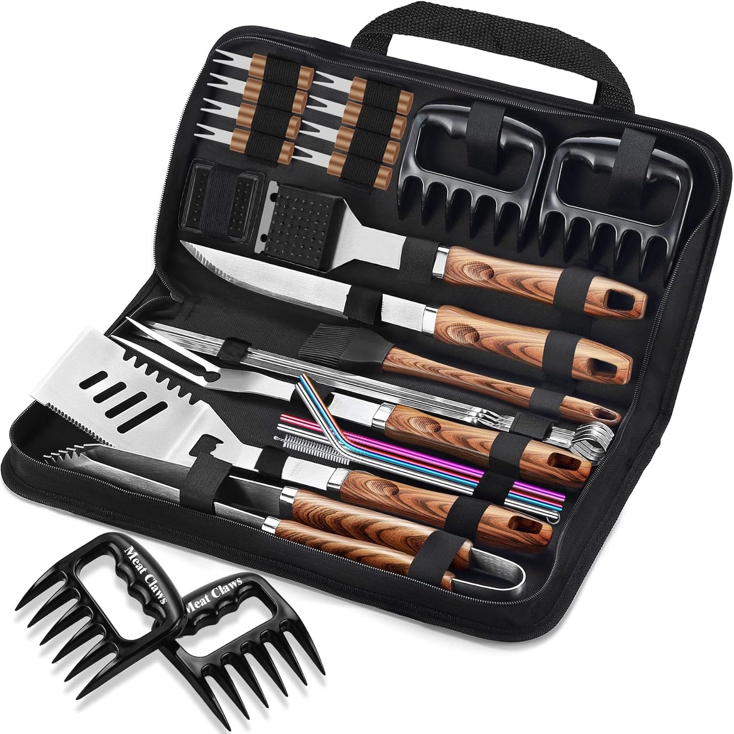 ROMANTICIST 27pcs Heavy Duty Grilling Gifts for Men Dad Fathers Day, Extra Thick BBQ Accessories Tools Set, Stainless Steel Grill Utensils Kit with Meat Claws, Carrying Bag for Outdoor Camping Brown