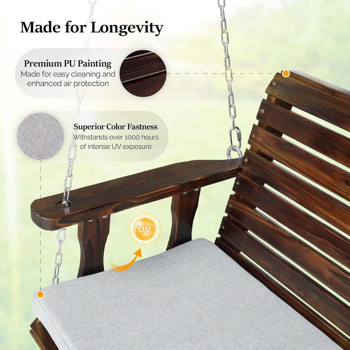 VINGLI Outdoor 4 FT Porch Swing, Heavy Duty 880 LBS Wooden Patio Swings with Cushions, Farmhouse Style Hanging Bench with Adjustable Chains for Yard | Garden | Lawn | Balcony, Rustic