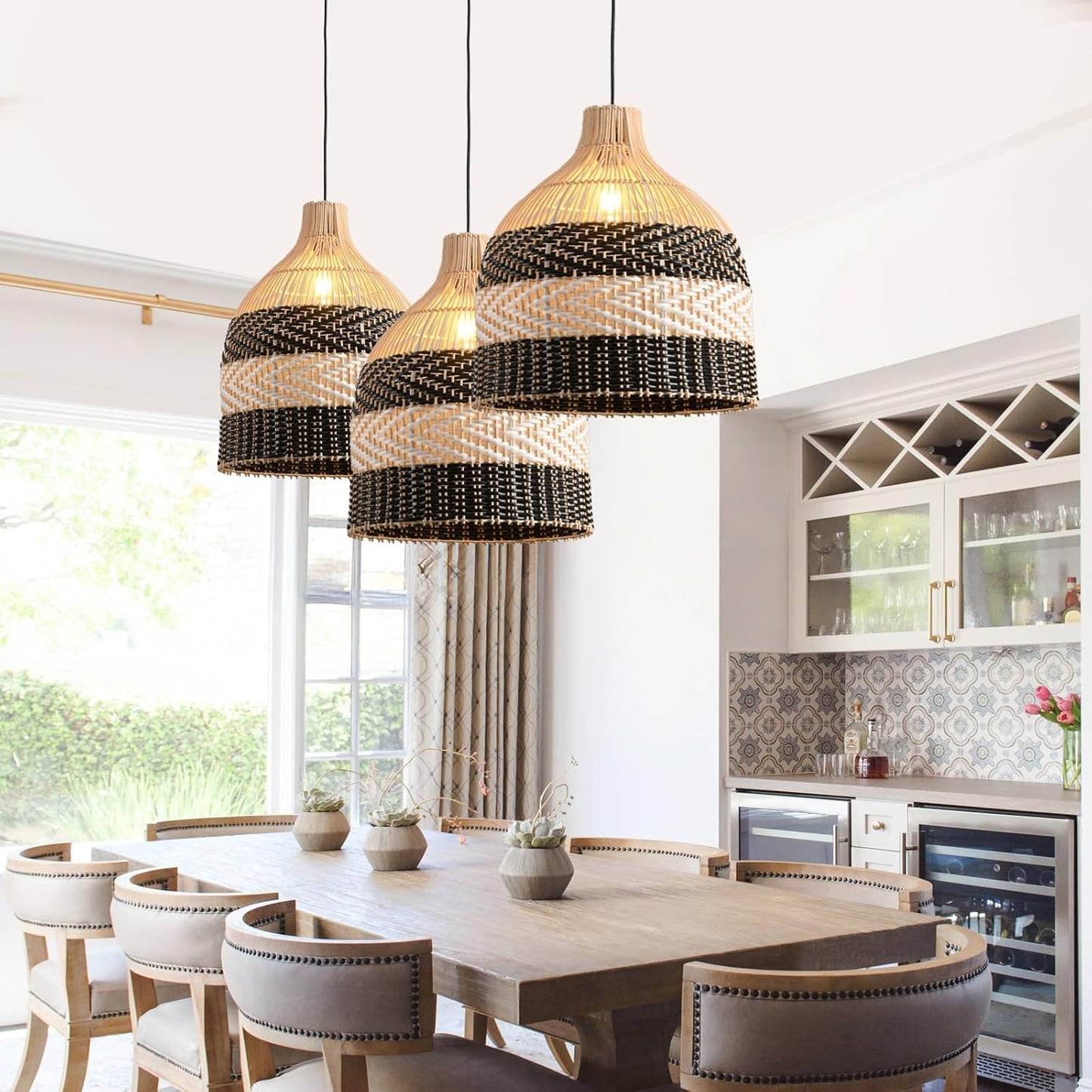 15.75" Rattan Pendant Light Black White Faux Rattan Basket Chandelier 1-Pack Boho Handmade Woven Wicker Hanging Light Fixture for Public Place Dining Living Bedroom Kitchen Farmhouse