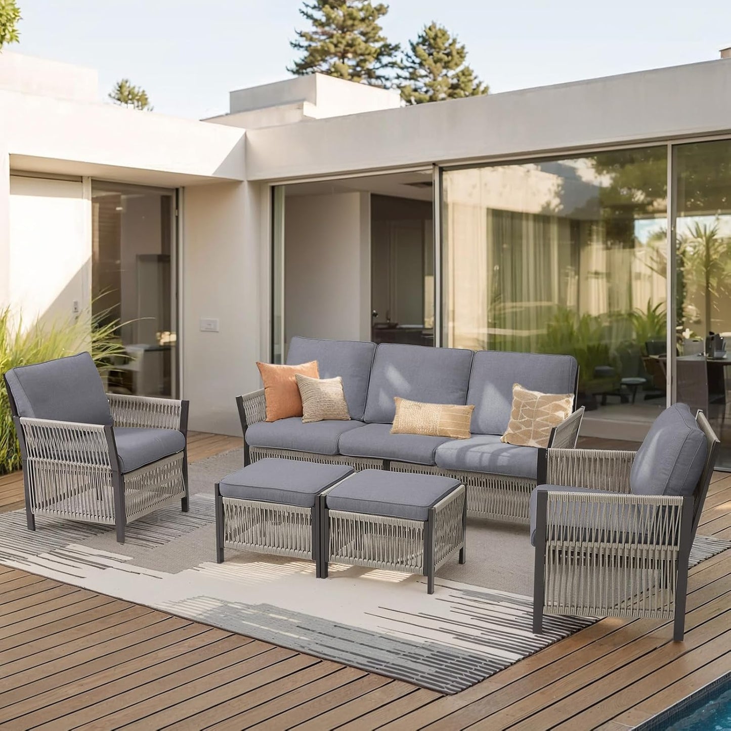 Patio Furniture Set Outdoor Conversation Sofa Set, 5-Piece All Weather PE Rattan Wicker High Back Outside Couch with Ottoman for Porch, Deck, Poolside - Dark Grey
