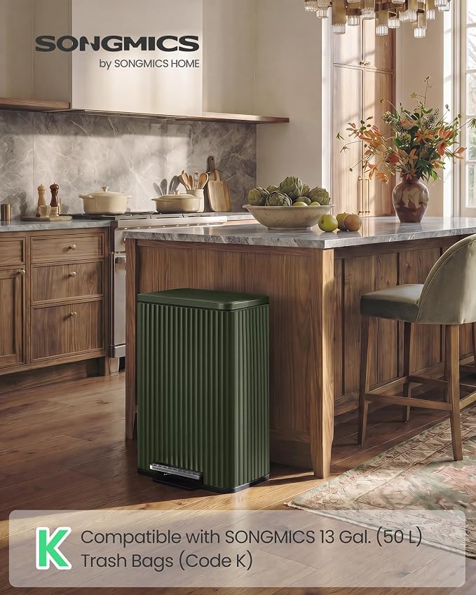 SONGMICS Trash Can, 13 Gallon (50 L) Garbage Can for Kitchen, with Lid, Pedal, and Removable Inner Bucket, Soft Close, Stainless Steel, 15 Trash Bags (Code K) Included, Green ULTB586CZ01