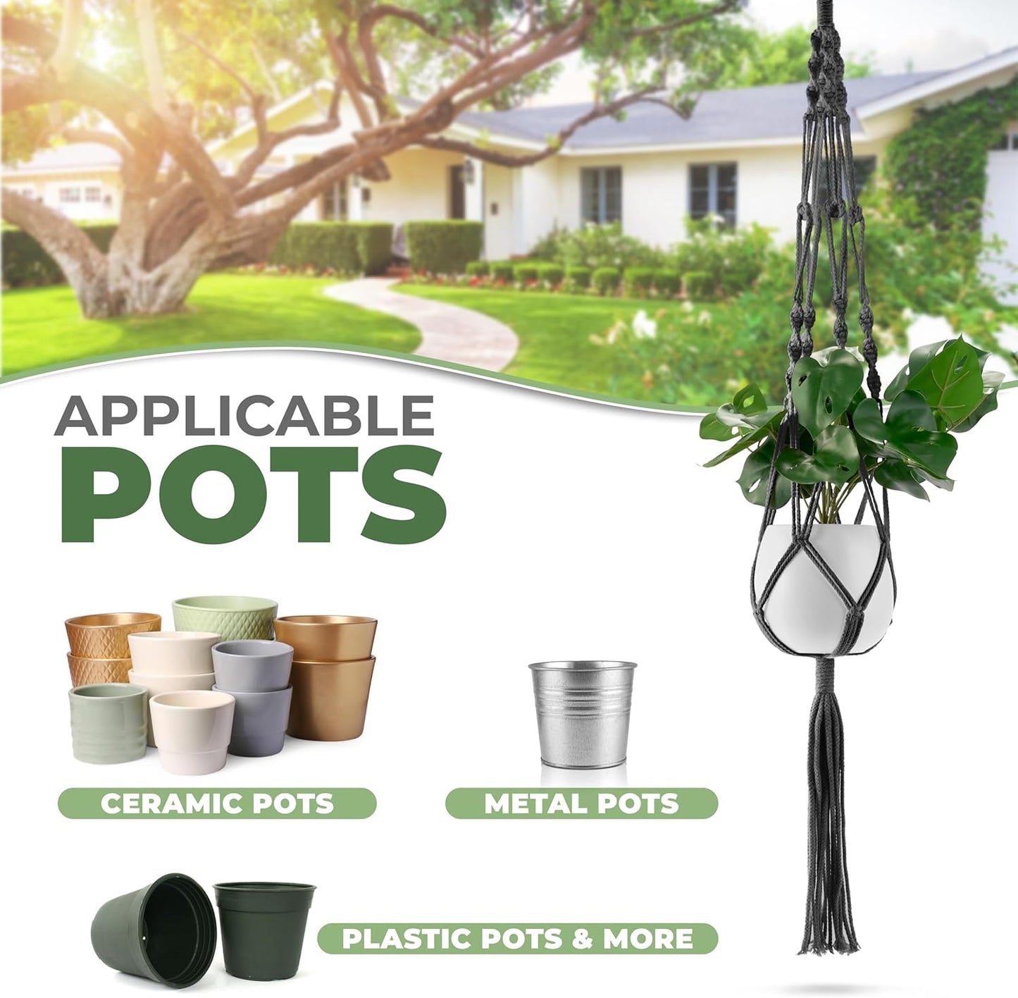 Sorbus Macrame Plant Hanger (8 Pack) Indoor Outdoor Hanging Plant Pots Cotton Rope, Elegant for Home, Patio, Garden (Black)