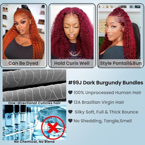ALHER 99j Dark Burgundy Water Wave 13x6 HD Lace Frontal, 100% Unprocessed Virgin Remy Hair Pre Plucked With Baby Hair 12A Cherry Red Wine Color Wet n Wavy Curly Ear to Ear 13X6 Frontal Closure 16 Inch