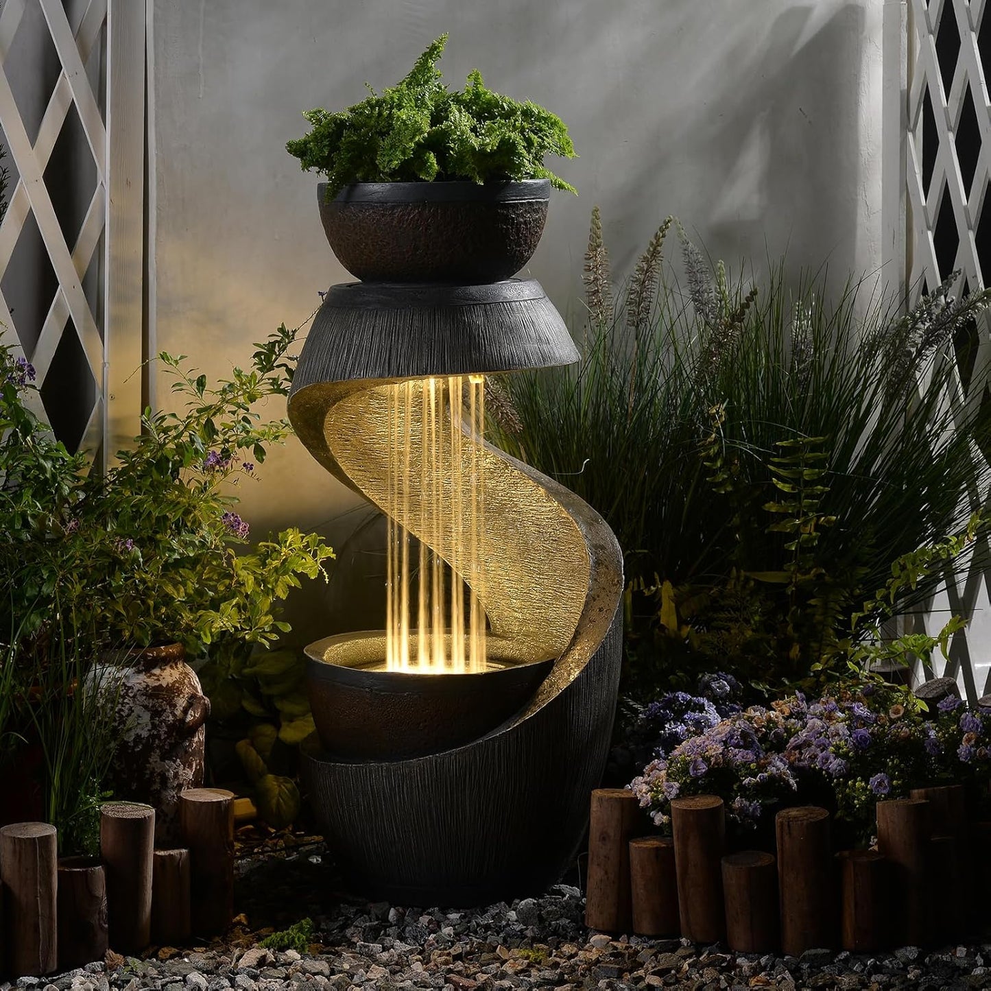 31.9" S-Shaped Water Outdoor Fountain–Modern Cascading Waterfall Feature with LED Lights & Planter Bowl, Garden Fountains Outdoor for Patio, Balcony, Yard or Home Decor, Resin Waterfall