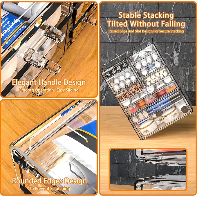 Cq acrylic Clear Stackable Storage Drawers,Plastic Makeup Organizer and Bathroom Storage Bins WIth 9 Drawers For Make up,Medicine,Craft,Pen,Beauty and Office Supply Organizer