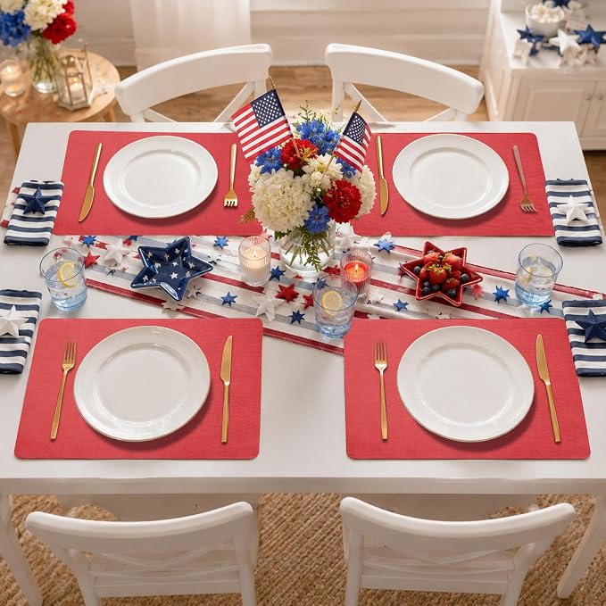 Maxpearl Faux Leather Placemats Set of 8 - Waterproof - Wipe Clean - Heat Resistant - Anti Slip Dining Table Place Mats, Suitable for Indoor & Outdoor Use, 17’’×12’’, Light Red