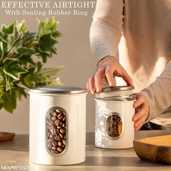 Mixpresso 3-Piece White Canisters Sets For The Kitchen, Airtight Canister Set With See Through Window, Storage Jars for Coffee Container, Tea Organizer & Sugar Canister, White Kitchen Canisters