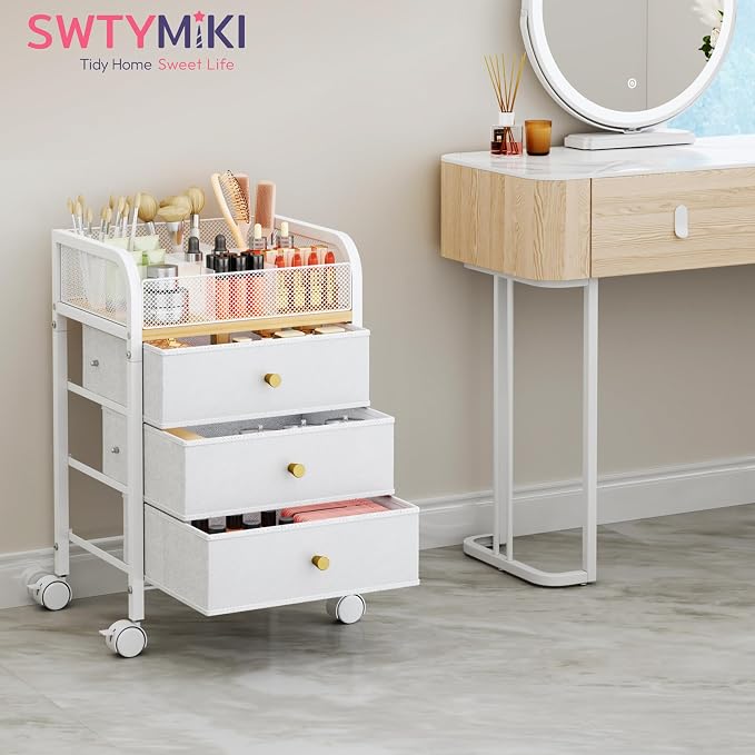 SWTYMIKI Rolling Makeup Organizer Cart - 14.96″*11.81″*23.03″ Widened Under Desk Vanity Storage with 3 Non-woven Drawers, Cosmetic Display Cases for Skin Care Perfume Nail Polish Brush Hair Tool White