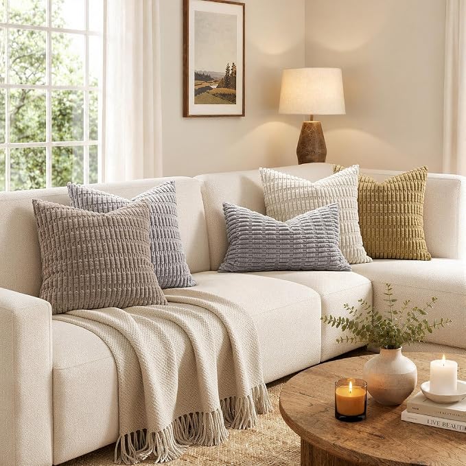MIULEE Pack of 2 Corduroy Decorative Throw Pillow Covers 12x12 Inch Soft Boho Striped Pillow Covers Modern Farmhouse Home Decor for Sofa Living Room Couch Bed Light Grey