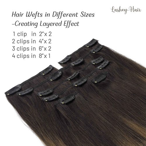 Lashey Clip in Hair Extensions - 22 inch Dark Brown to Chestnut Brown & Dirty Blonde Highlighted Real Human Hair - 120g 7pcs