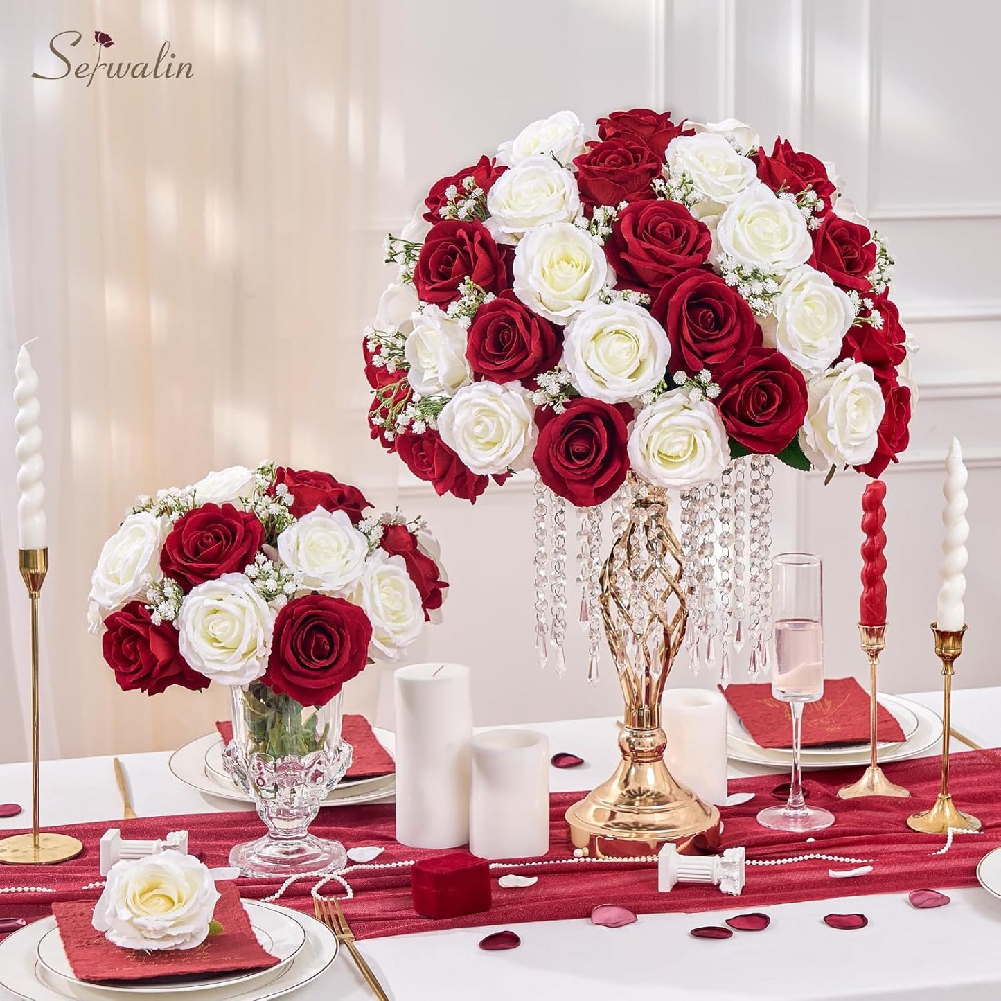 Serwalin 50pcs Artificial Red Roses, 4'' Velvet Flower Head Fake Rose Bulk, Real Touch Silk Roses Realistic Bouquet Long Stems Wedding Home Decor and Table Centerpiece