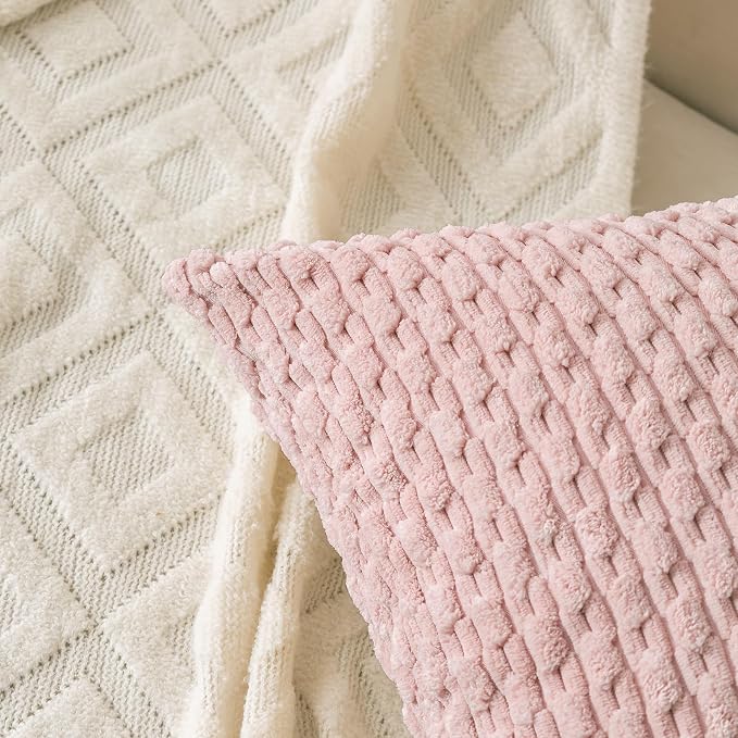 Set of 4 Pink Beige White Decorative Throw Pillow Covers 22x22 Inch Corduroy Pillow Covers for Bed Couch Sofa Living Room Soft Square Cushion Cases