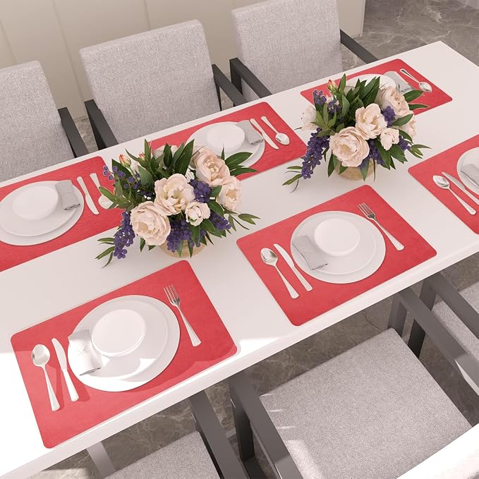 Maxpearl Faux Leather Placemats Set of 8 - Waterproof - Wipe Clean - Heat Resistant - Anti Slip Dining Table Place Mats, Suitable for Indoor & Outdoor Use, 17’’×12’’, Light Red
