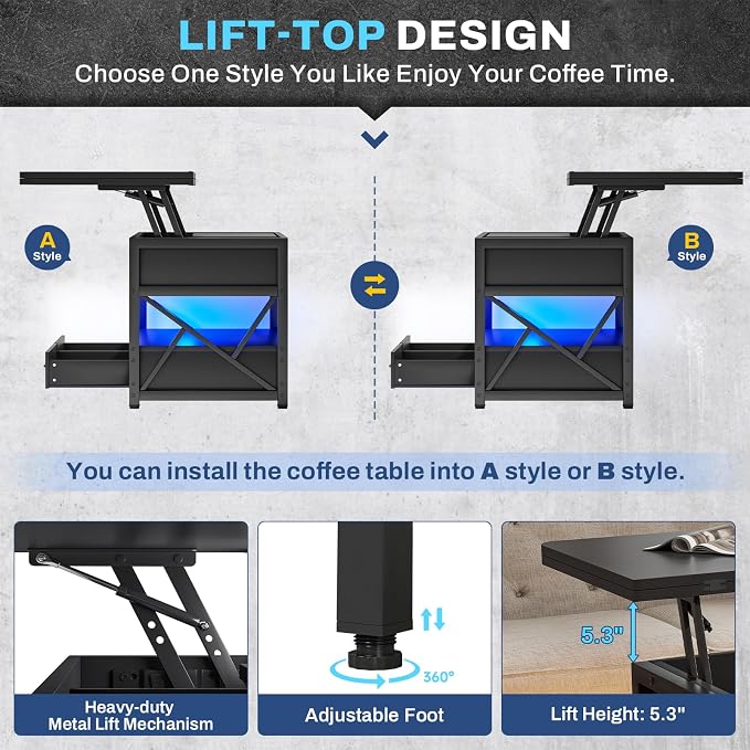Itaar 40" Lift Top Coffee Table, 4 in 1 Coffee Tables with Storage for Living Room, Small Farmhouse Coffee Table with 2 Drawers & LED Light for Dining Reception Room, Black