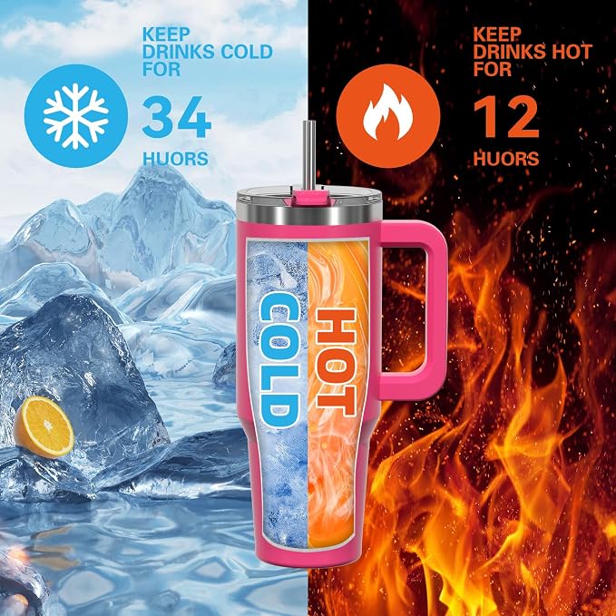 30 oz Tumbler with Handle,Tumbler with Lid and Straw,Double Wall Insulated Cup Stainless Steel Travel Mug(Cold for 34 Hours),Water Bottle for Iced Tea,Coffee,Cold Beverages(Gloss Pink)