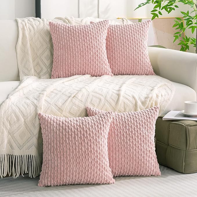 Set of 4 Light Pink Decorative Throw Pillow Covers 22x22 Inch Corduroy Pillow Covers for Bed Couch Sofa Living Room Soft Square Cushion Cases