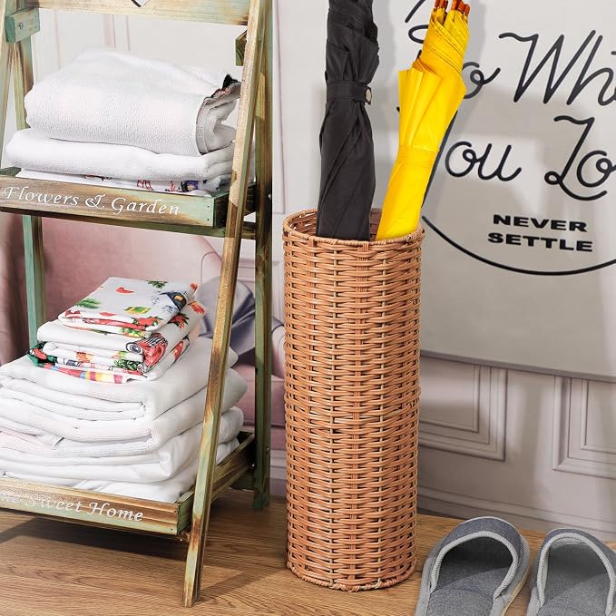 Weysat Woven Umbrella Stand for Entryway Handmade Umbrella Holder Freestanding Cane Stand Natural Color Decorative Umbrella Rack Tall Basket for Laundry Bathroom(Rattan, Cylindrical Style)