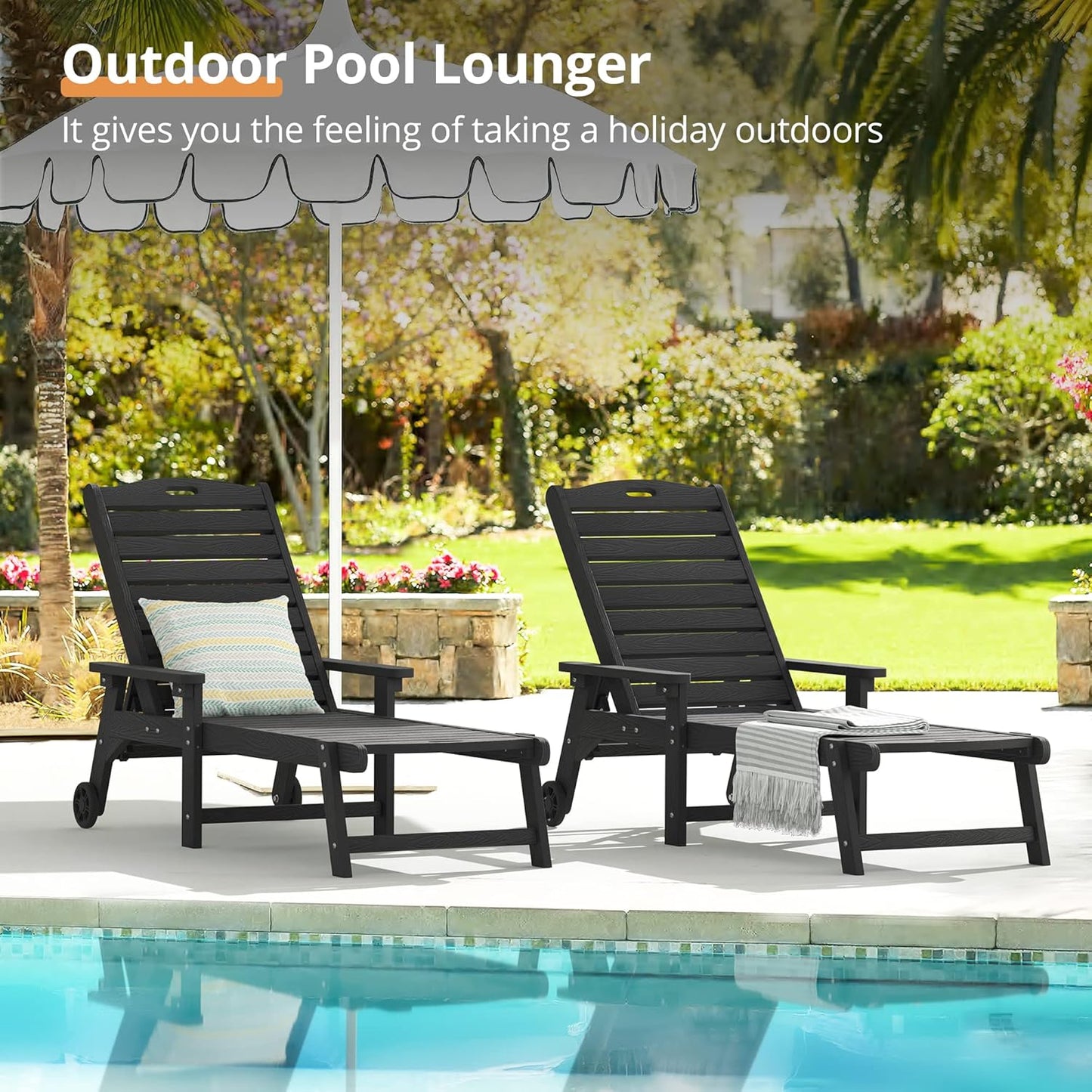 LUE BONA Outdoor Chaise Lounge Chairs Set of 2, 79'' Oversized HDPS Chaise Lounger, 5 Positions Adjustable Lounge Chairs, Pool Lounge Chair with Wheels for Poolside, Backyard, 3 Year Warranty, Black