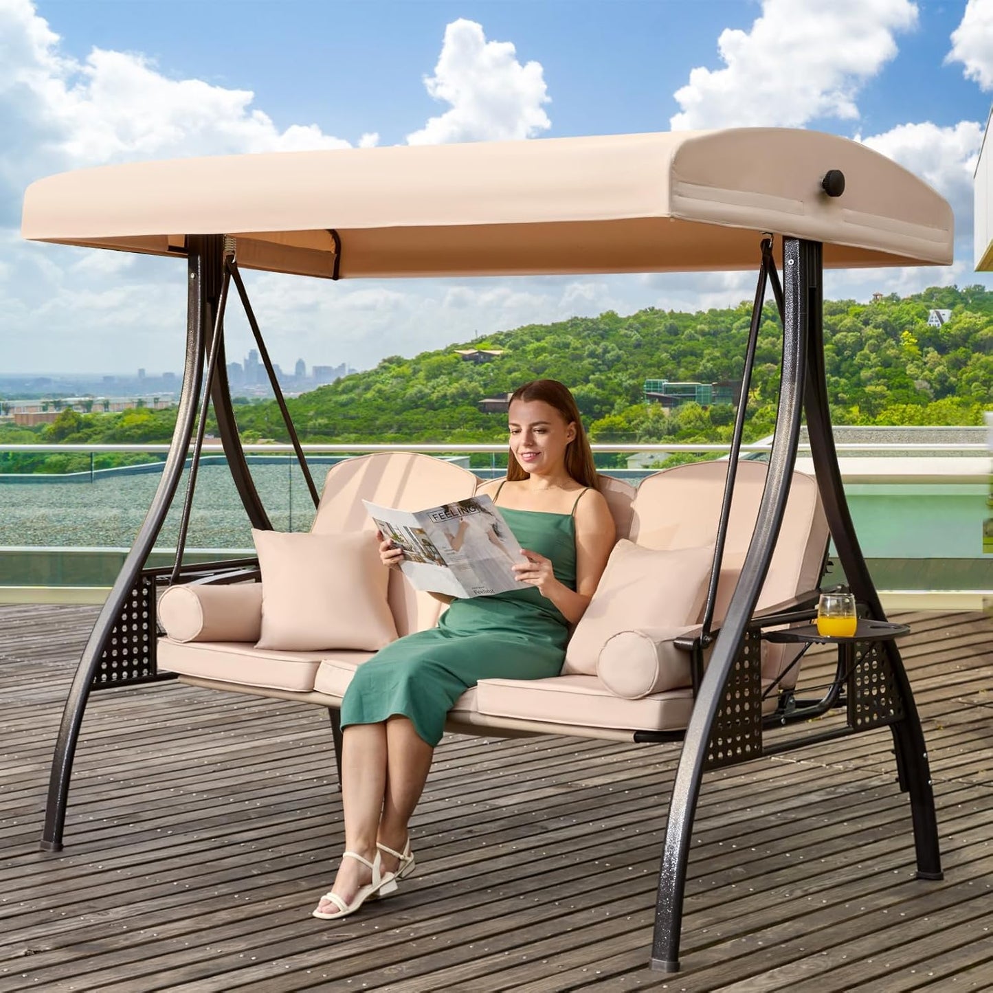 3 in 1 Outdoor Porch Swing with Adjustable Canopy, 3 Seat Outdoor Swing for Adults, Patio Swing Chair with Thickened Cushions,Pillows & Cup Holders for Backyard, Porch, Garden (Khaki)