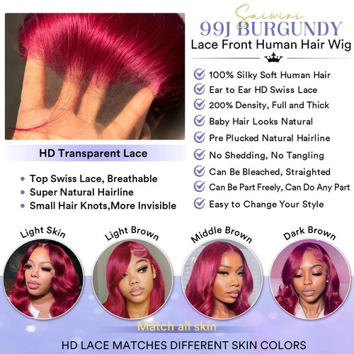 AYMMOLI 24 Inch 99j Burgundy Lace Front Wigs Human Hair 13x4 HD Red Burgundy Body Wave Wig Human Hair 200 Density Body Wave Lace Front Wigs Pre Plucked Glueless Frontal Wigs for Women