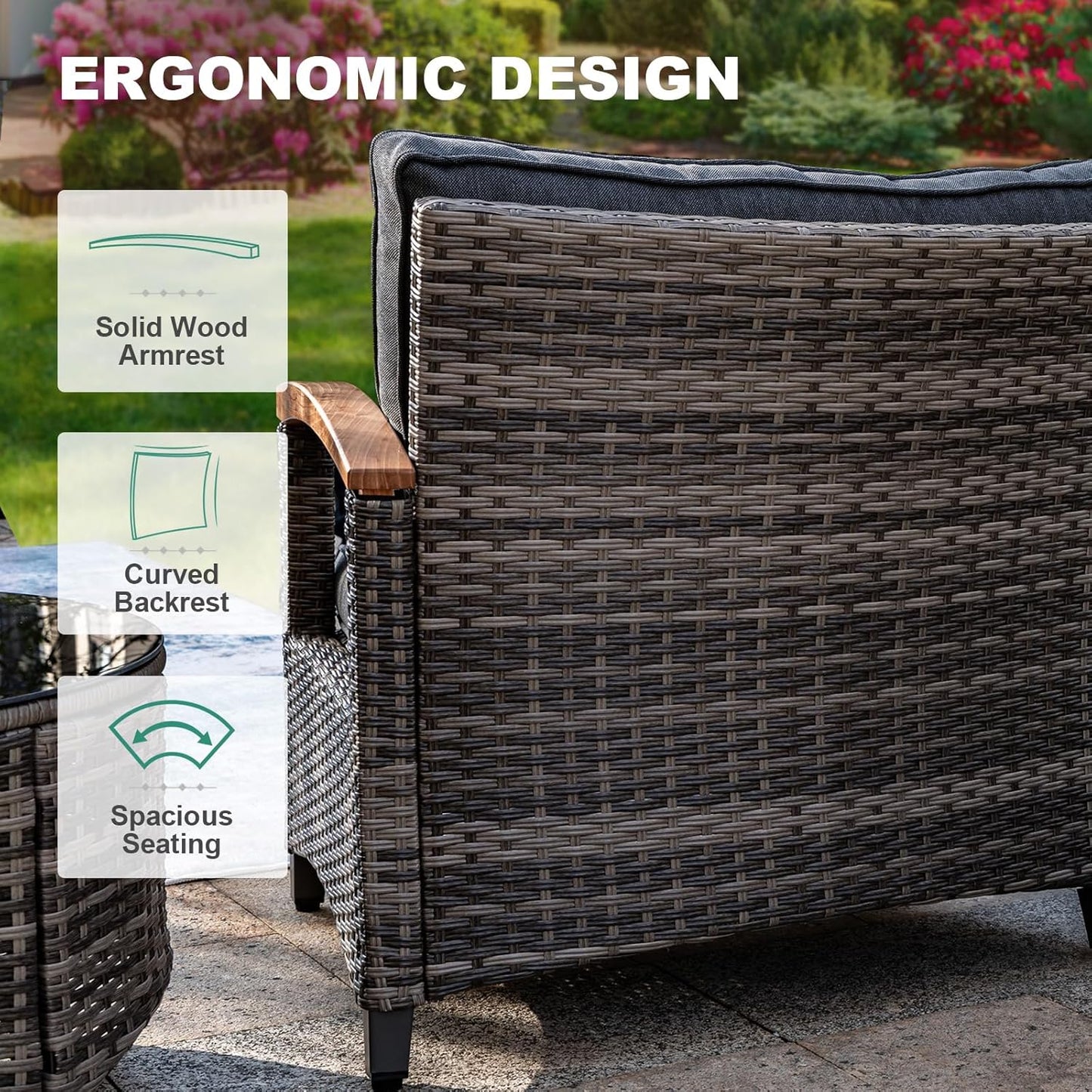 8 Piece Outdoor Patio Furniture Set, Half-Moon Curved Sectional Set with Wood Armrests, 2 Half-Moon Ottomans, Round Table (Grey)