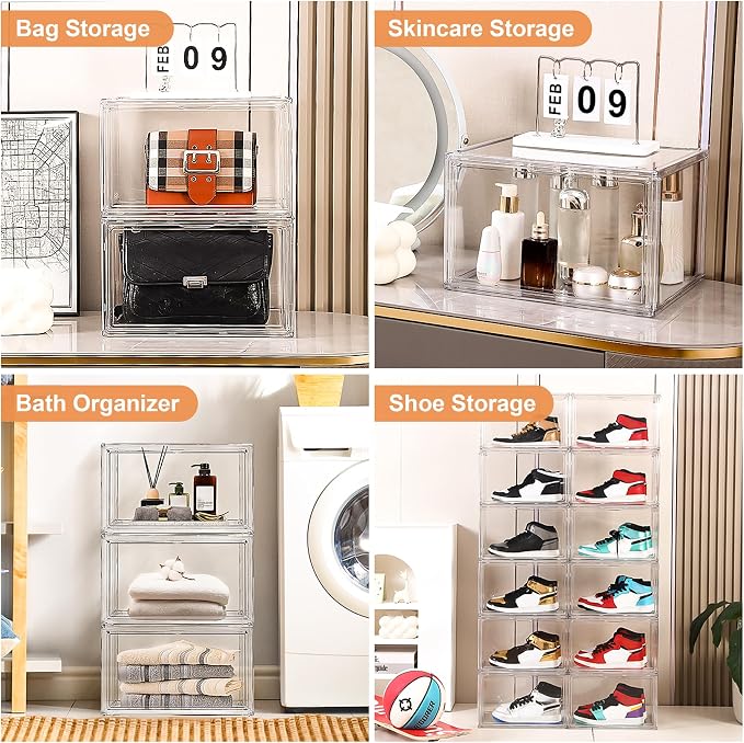 BVBOX Acrylic Shoe Storage Boxes with Magnetic Door - 360° Clear Stackable Shoe Display Box Set, Plastic Shoe Cabinet Rack Box for Sneakers Heels Shoes (1, Clear, XL - Side Open)