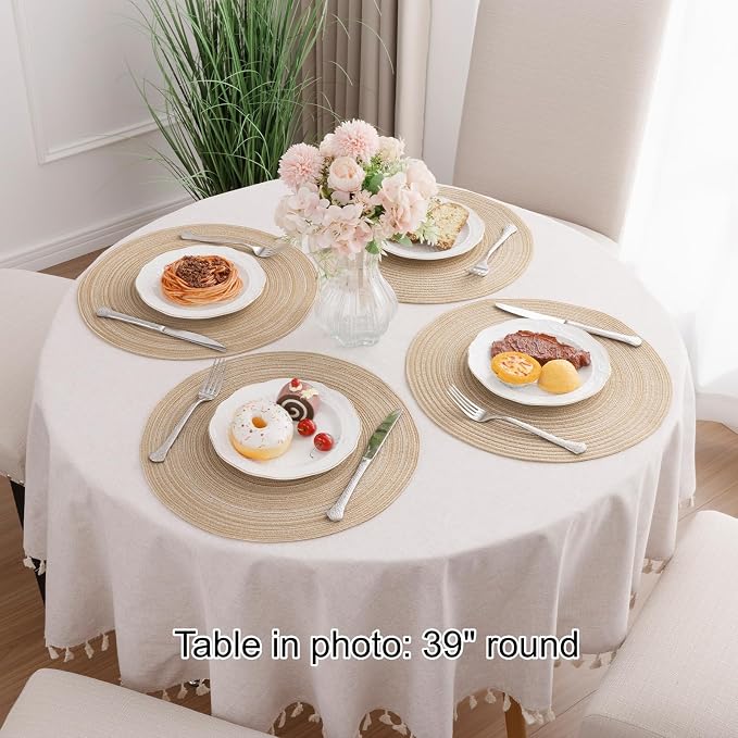 SHACOS 15 inch Round Placemats Set of 6, Cotton Polyester Woven Braided Place Mats, Washable Heat Resistant Non Slip Table Mats for Kitchen Dining Table (Beige, 6)