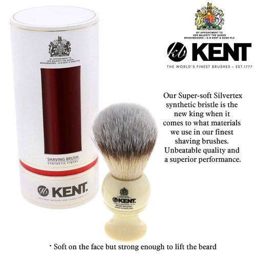 Kent BK4S Shaving Brush with Ultra-Soft Silvertext Synthetic Bristles and Faux Ivory Resin Handle with VSB5 Small White Plastic Shaving Brush Stand for Self Adhesive Hang Drying Shave Brush